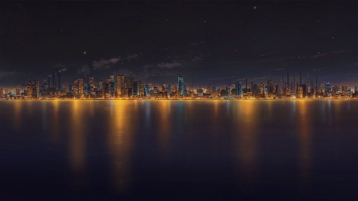 海边的城市夜晚风景4k动漫壁纸