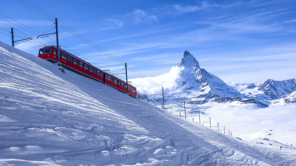 冬天自然雪景,策马特,瑞士阿尔卑斯,雪,火车,4k风景壁纸