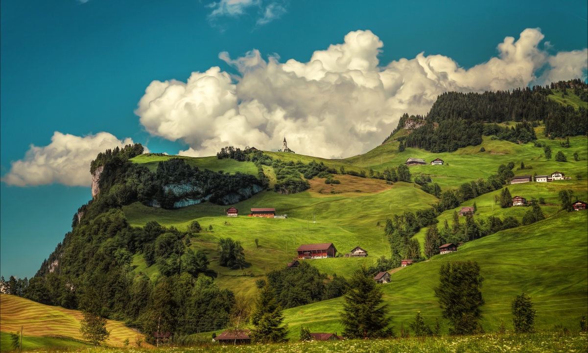 树山 房子 瑞士风景5k风景图片壁纸