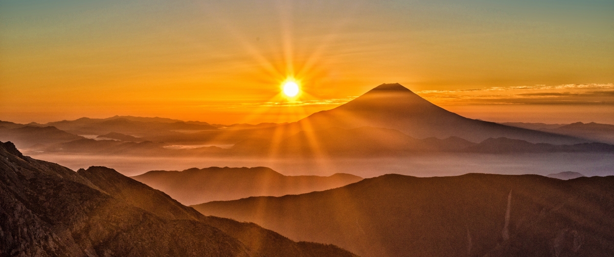 太阳 富士山风景3440x1440壁纸