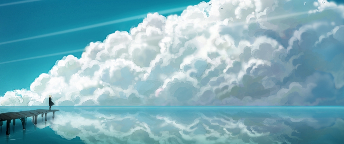 天上的云,大海,码头,女孩,3440x1440动漫壁纸_4k动漫