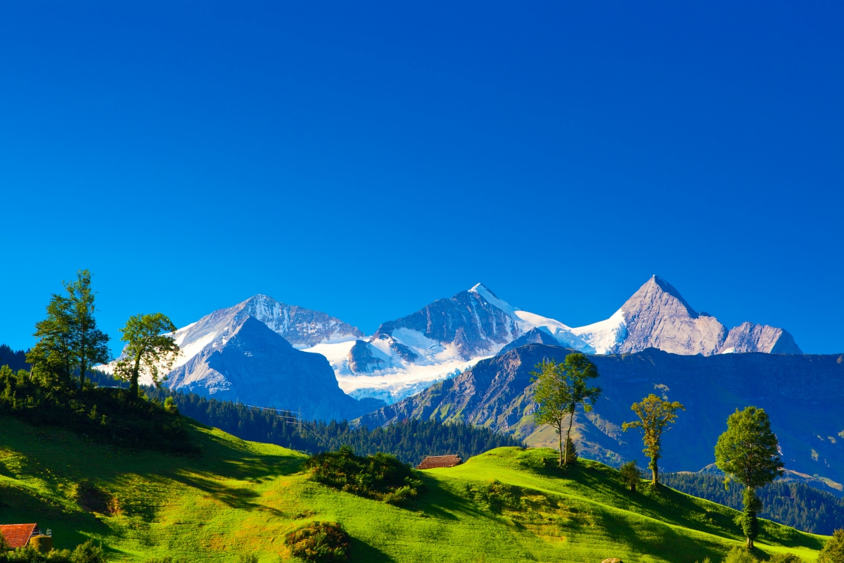 瑞士阿尔卑斯山山房子蓝色天空风景图片