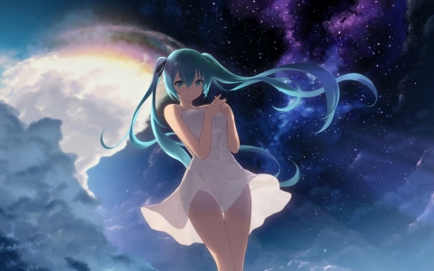 初音未来 白色连衣裙 星空4k动漫壁纸下载星空,穿裙子的女生,唯美动漫