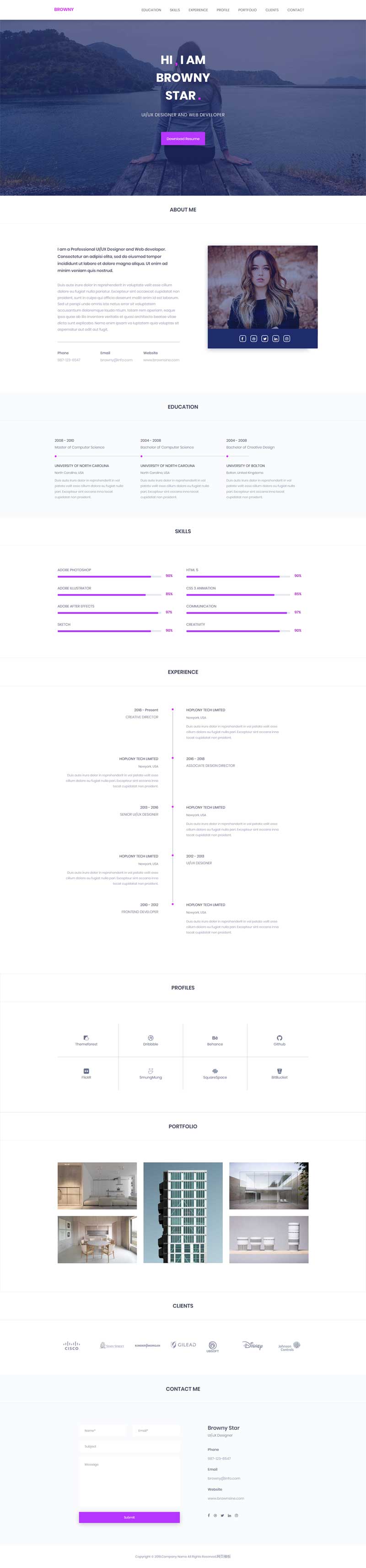 紫色的设计师个人网页简历html5模板