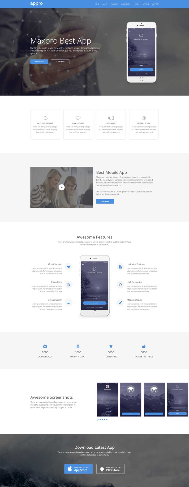 蓝色的手机app软件介绍下载页面模板