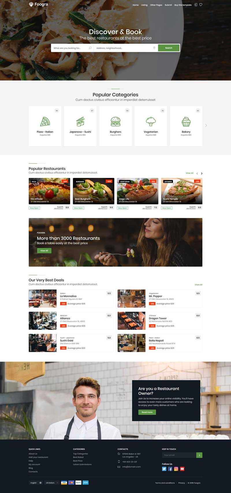 绿色的餐饮预订商家平台网站模板