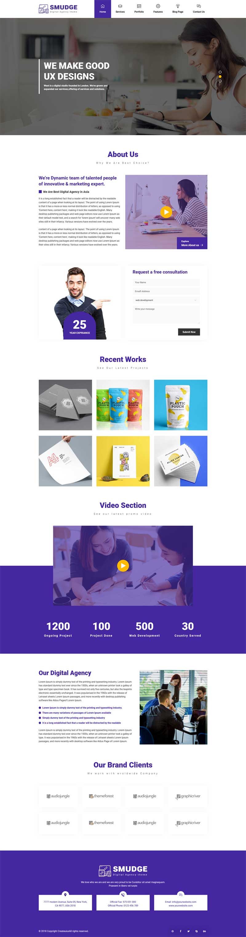 紫色大气的平面设计企业网站HTML5模板
