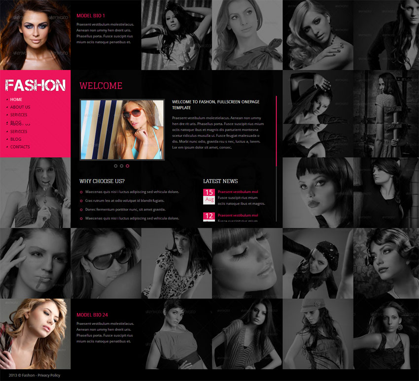 jquery html5 win8黑色格子风格的时尚女性模特展示html5网站模板下载