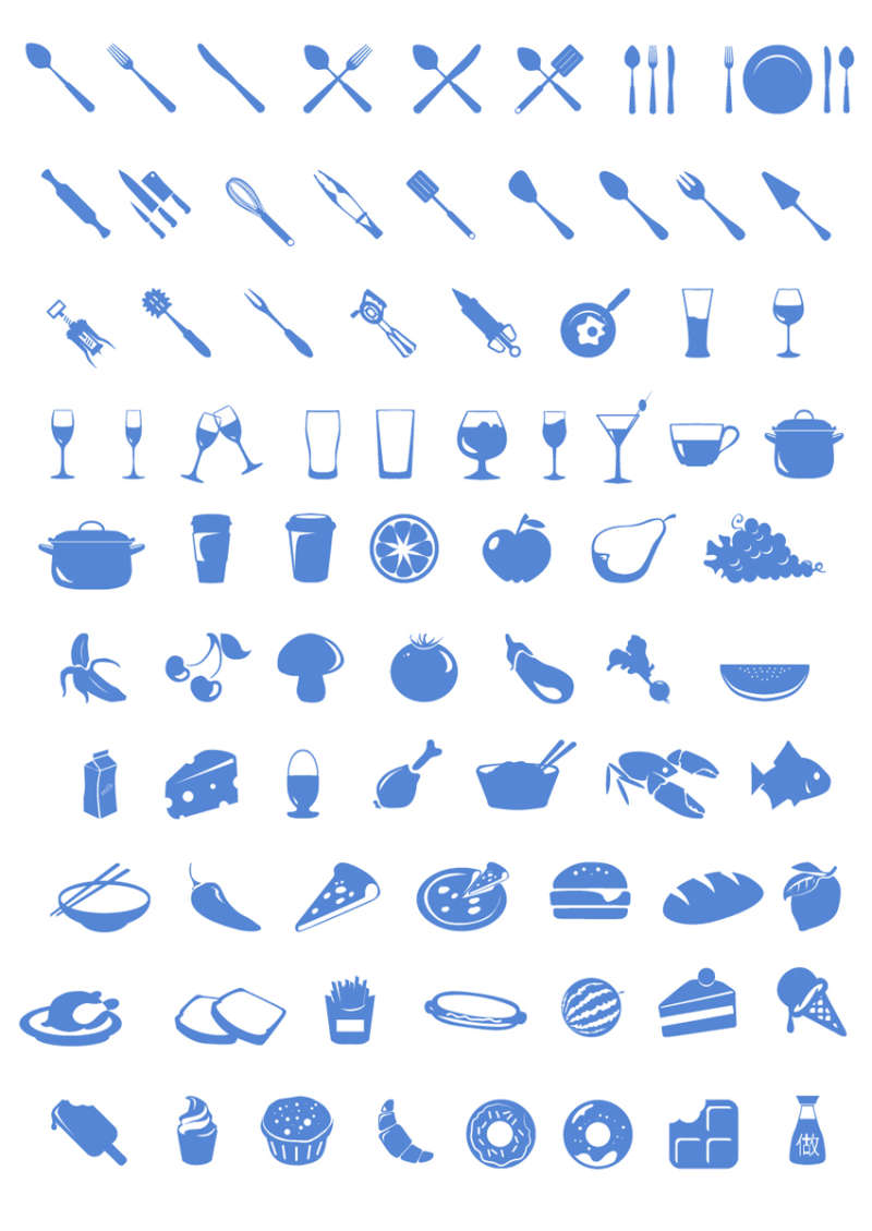蓝色扁平的食物餐具图标大全psd素材下载