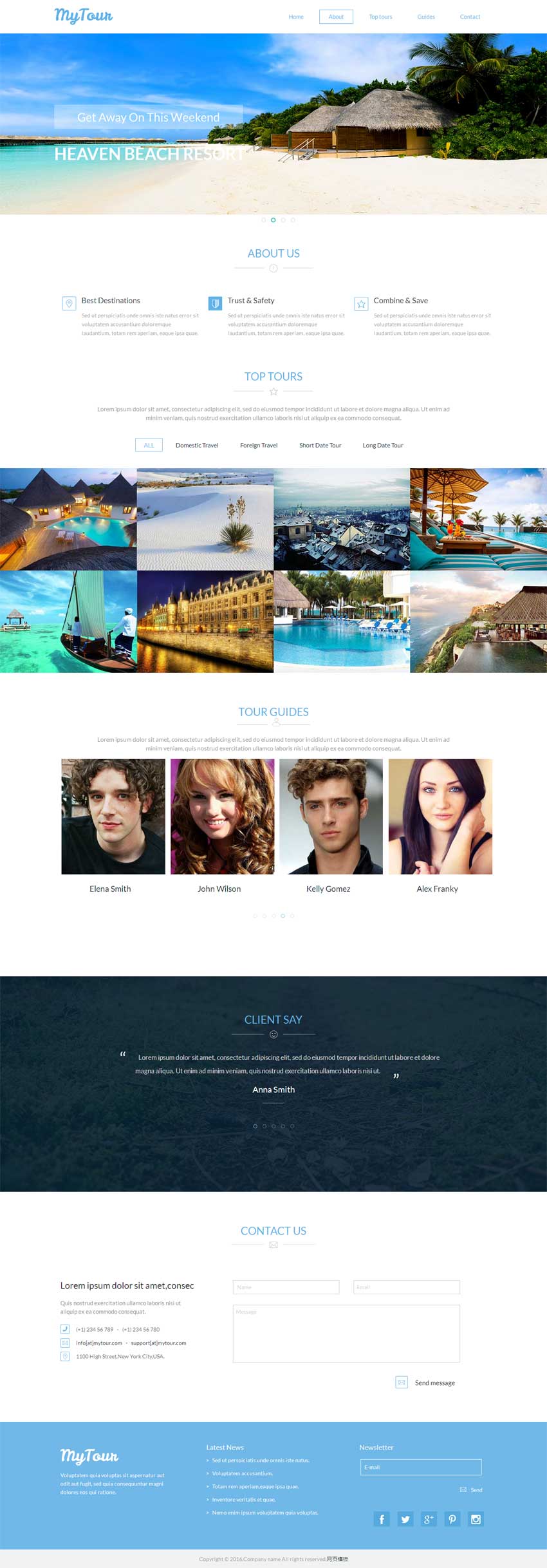 蓝色简洁的海边度假旅游html5网站介绍模板