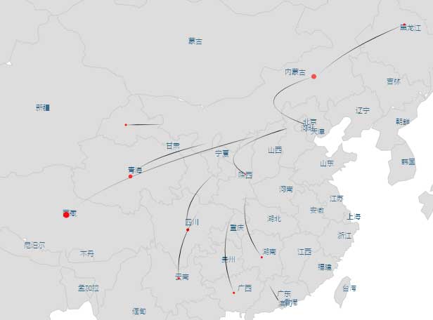 html5 canvas中国地图各省坐标指向北京效果
