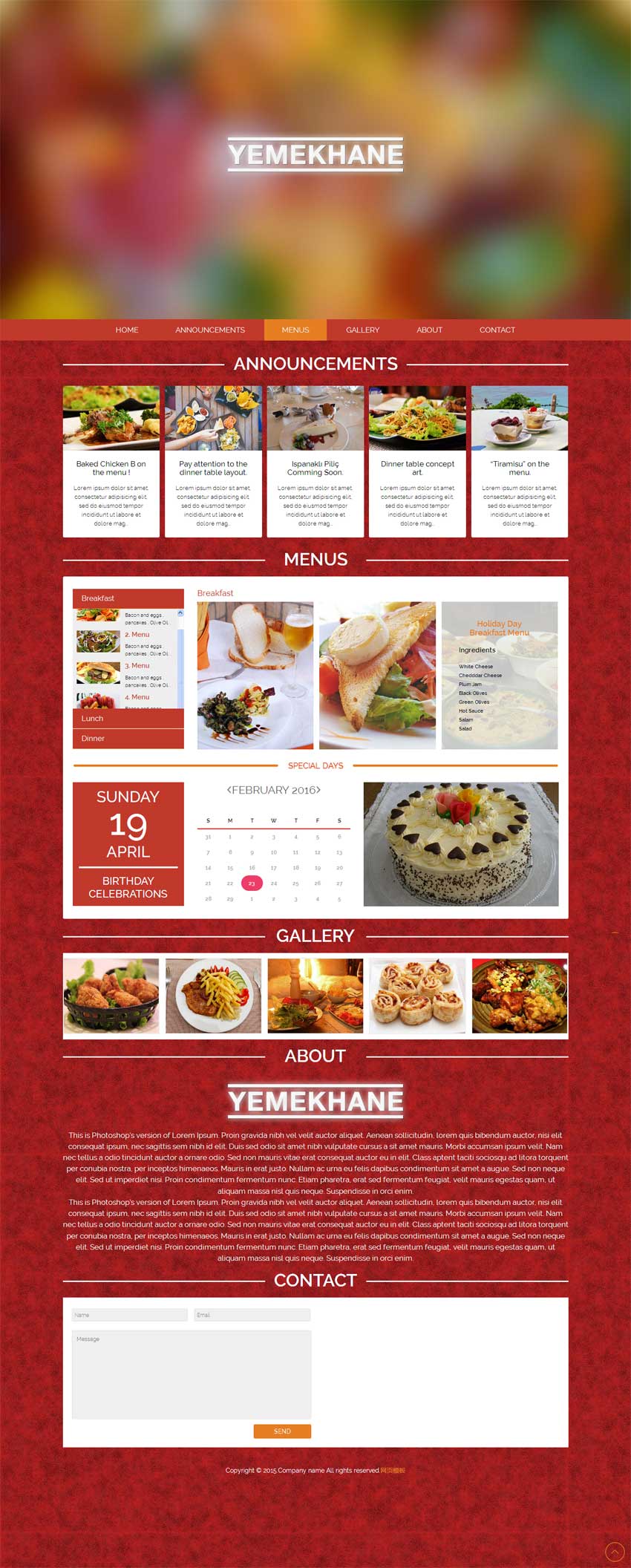 红色宽屏的国外餐饮店铺介绍单页模板下载