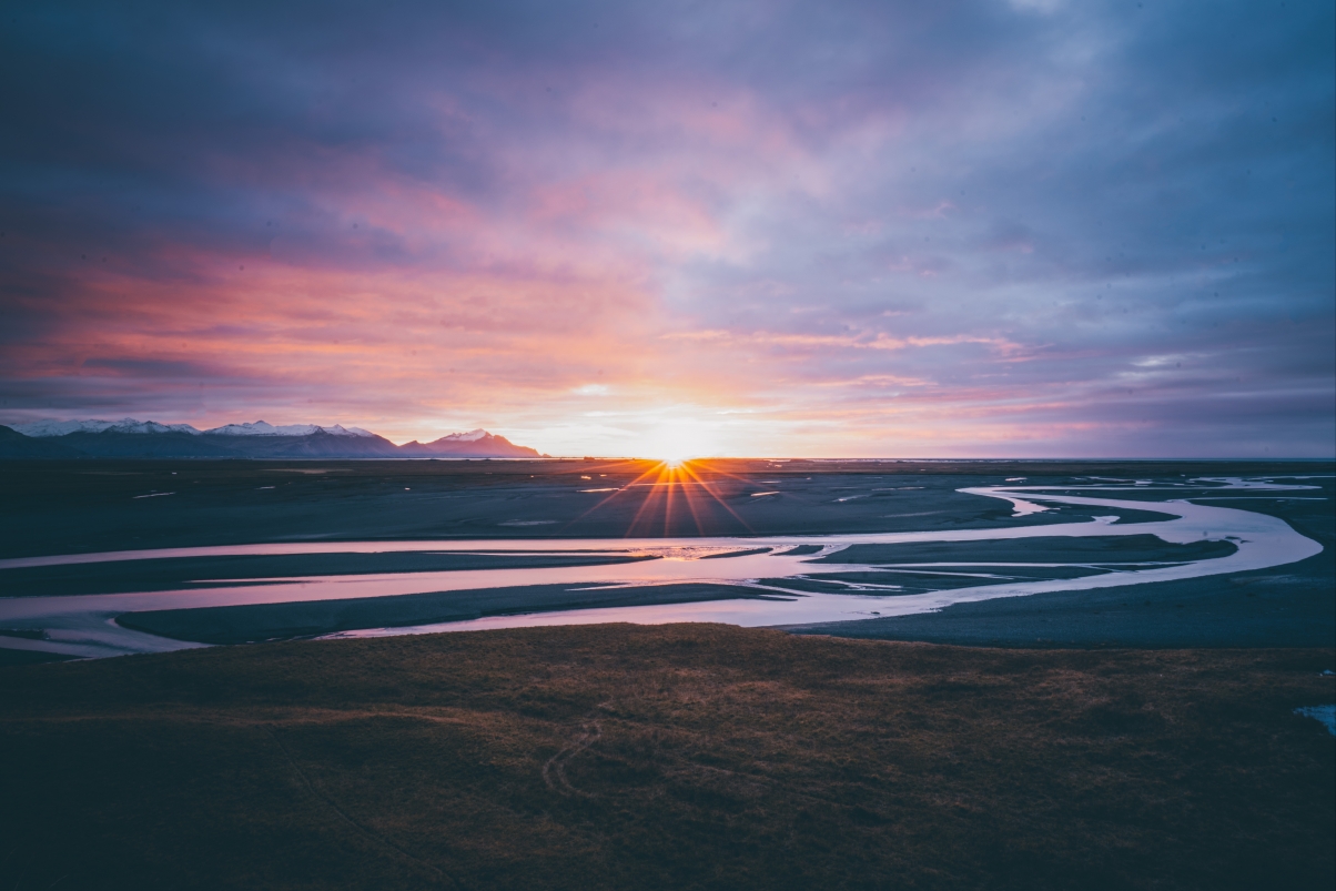 自然 冰岛 河 太阳 日出 日落 云 紫罗兰色 7k风景壁纸