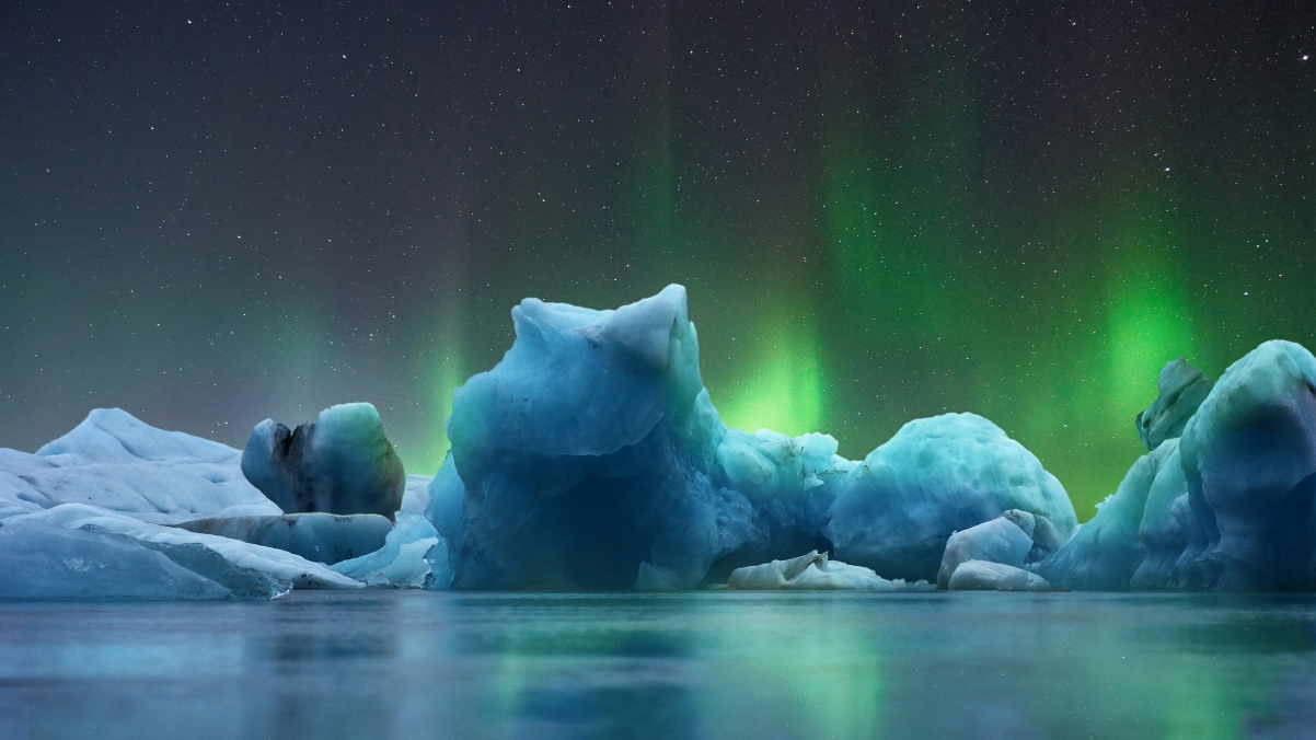 冰 北极光 冰川 蓝色 夜 星空 4k风景壁纸