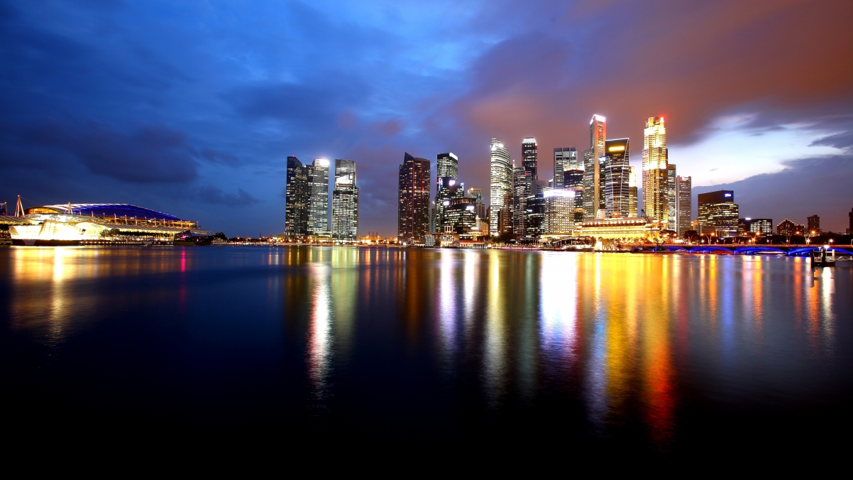 新加坡摩天大楼,海湾,海岸,水,灯光,城市夜景4K壁纸