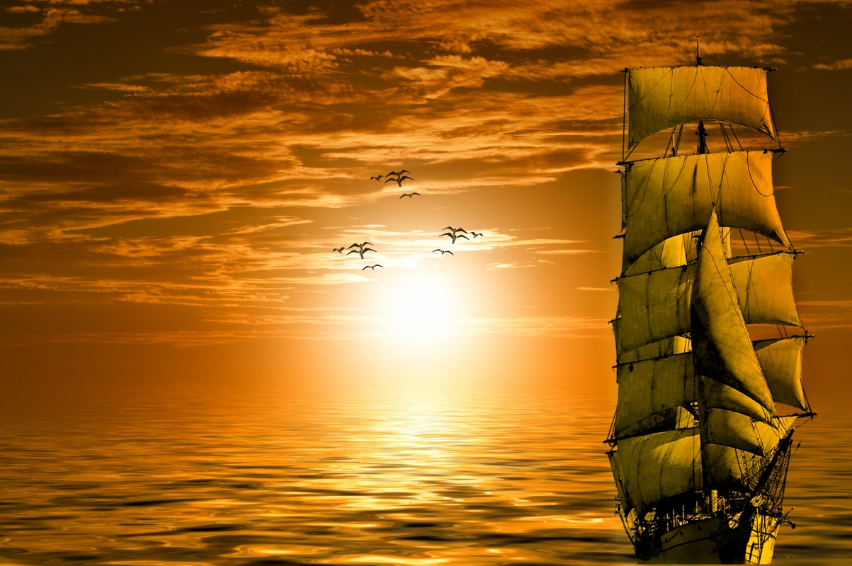 太阳 船舶 大海 海洋 海鸥 天空 云 日落 黄昏 6K风景壁纸