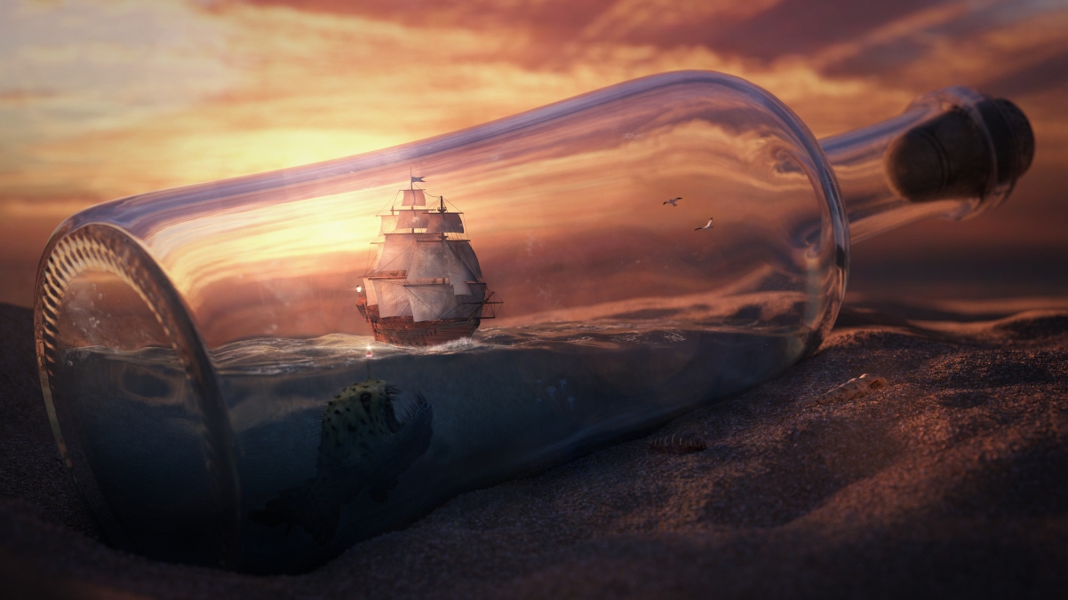 沙漠 瓶子 船 艺术创意设计4k壁纸