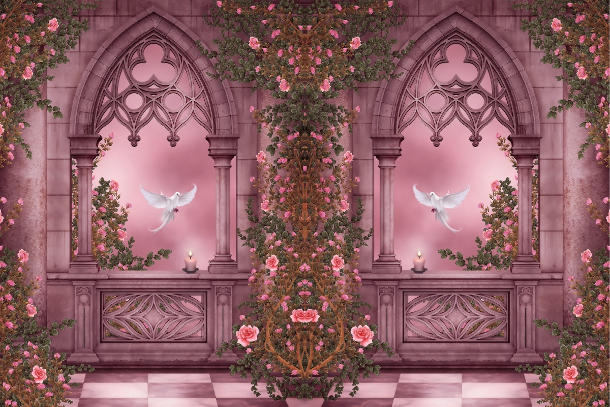 玫瑰园 鲜花 蜡烛 窗口 石柱 鸽子 唯美梦幻绘画图片
