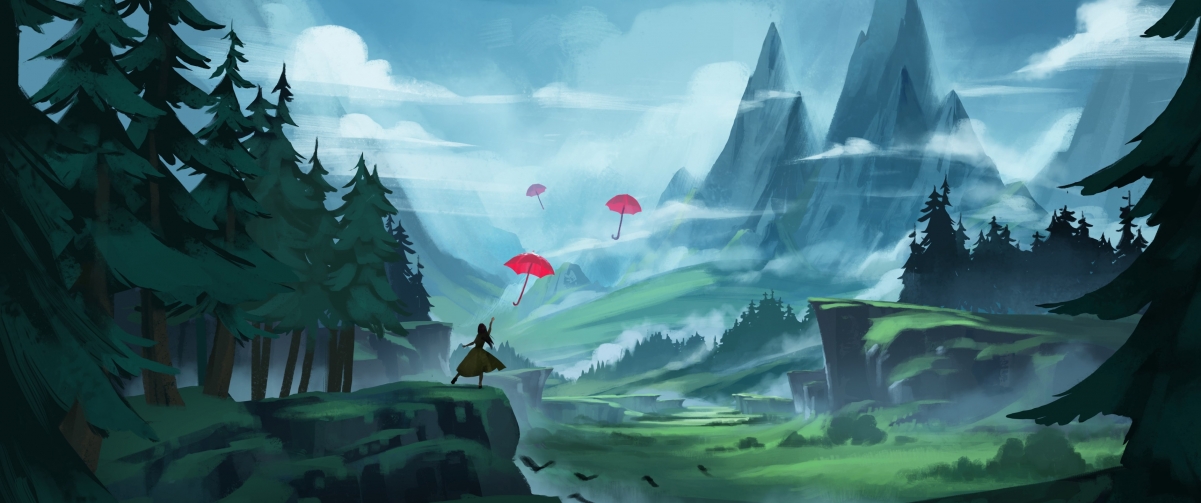 女人 雨伞 插画 风景 山脉 森林 3440x1440壁纸