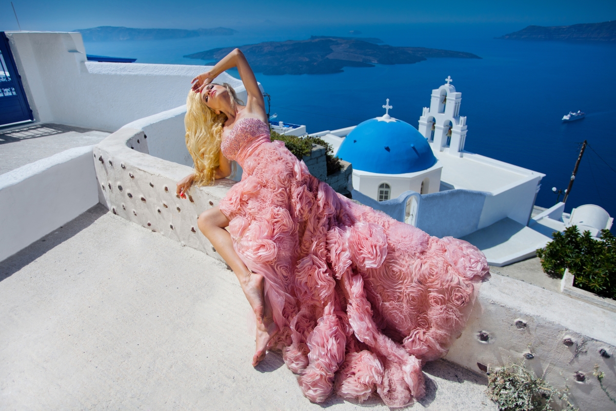 爱琴海 希腊 圣托里尼 连衣裙美女 4k图片