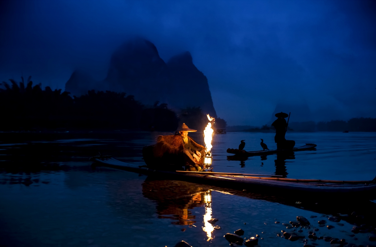 夜景 河 渔船 渔民 鸬鹚 桂林阳朔风光4K图片壁纸