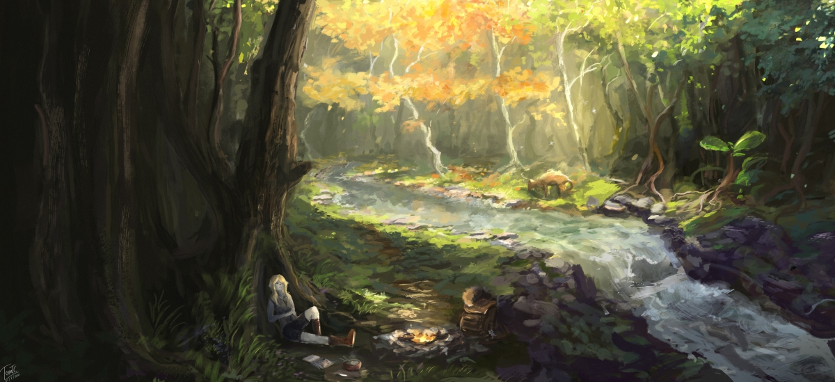 森林 女孩 秋游 宁静的秋天 树 河流 小溪 绘画高清3k壁纸