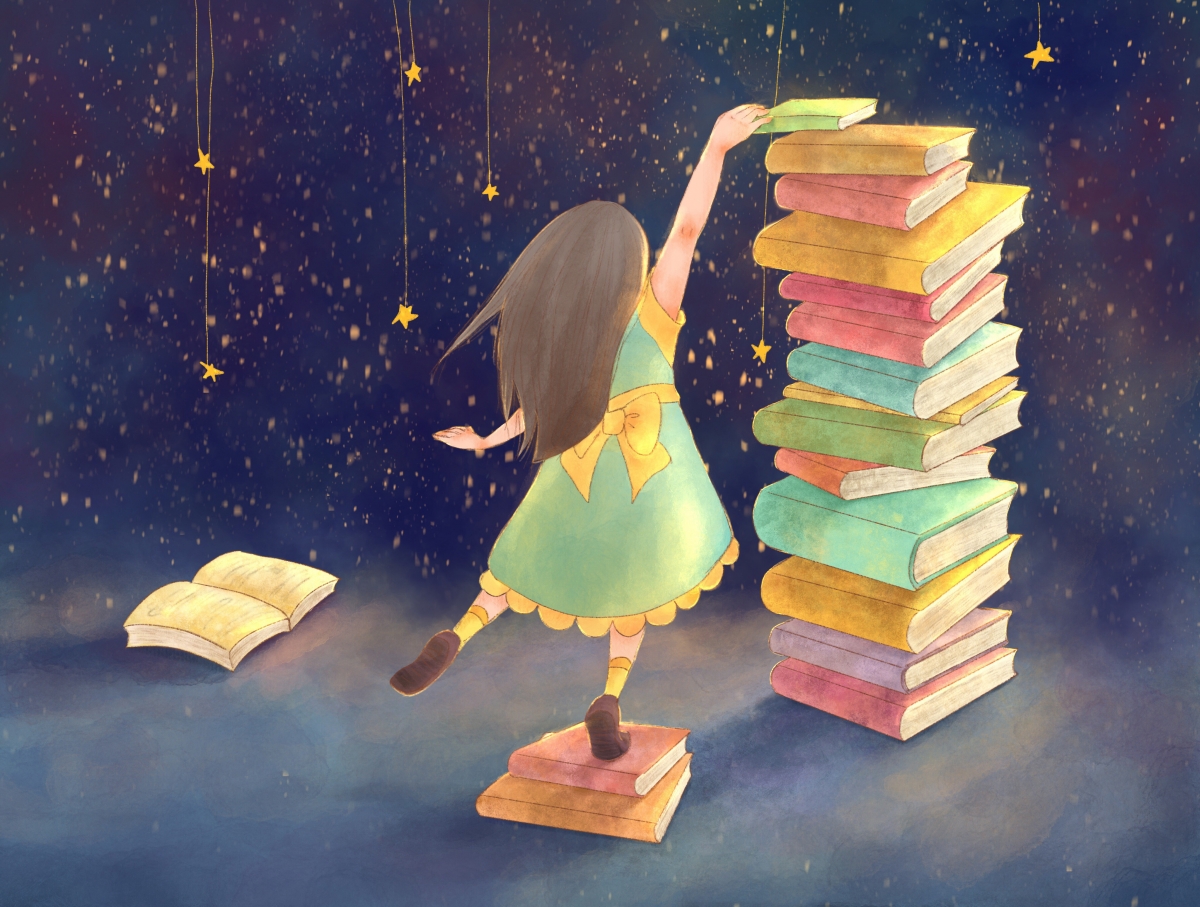 星空下的女孩与书4K背景图片