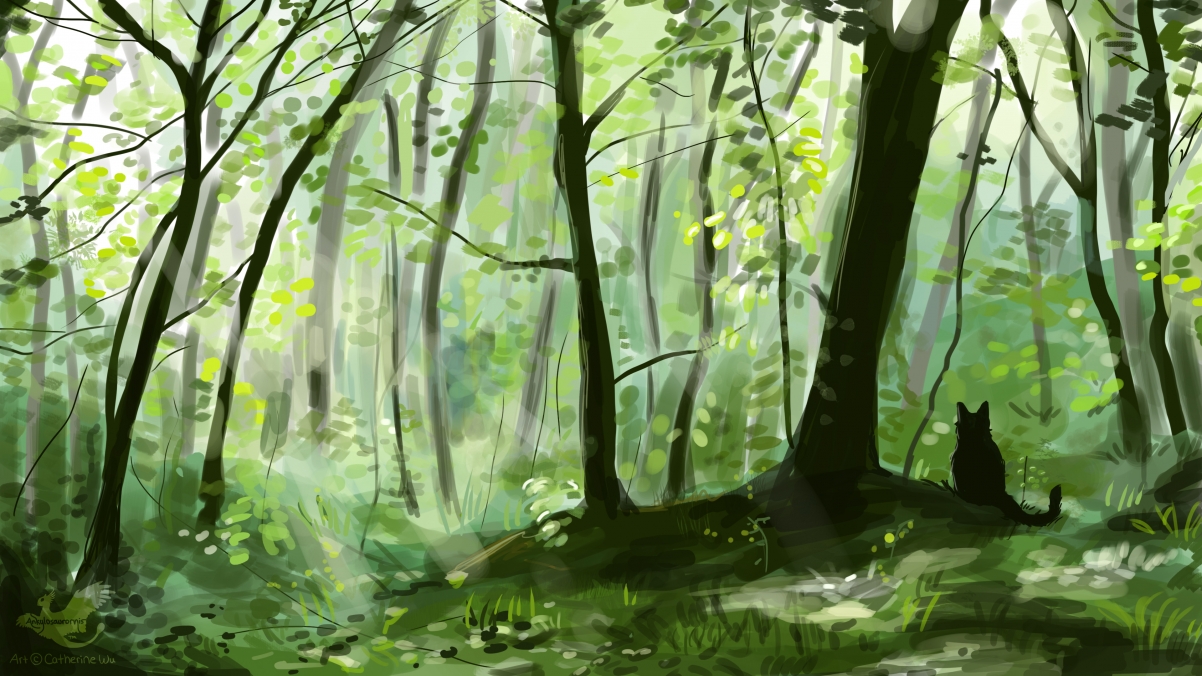 森林树林小黑猫绘画4K壁纸