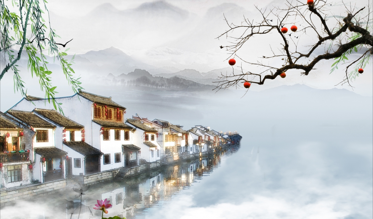 中国风 水墨画 湖 河流 小镇 柳树 4K壁纸