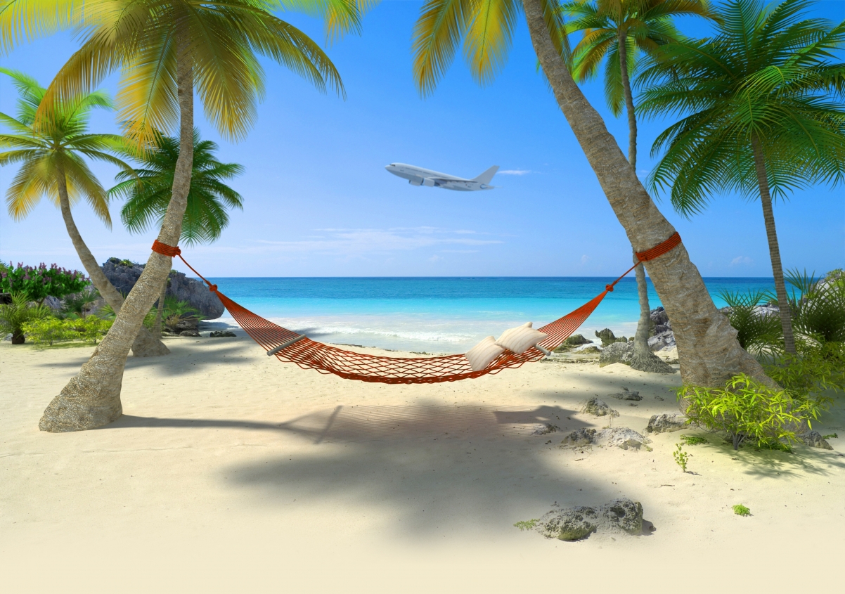 美丽的大海风景,沙滩,棕榈树,吊床,飞机,天空,4K风景壁纸
