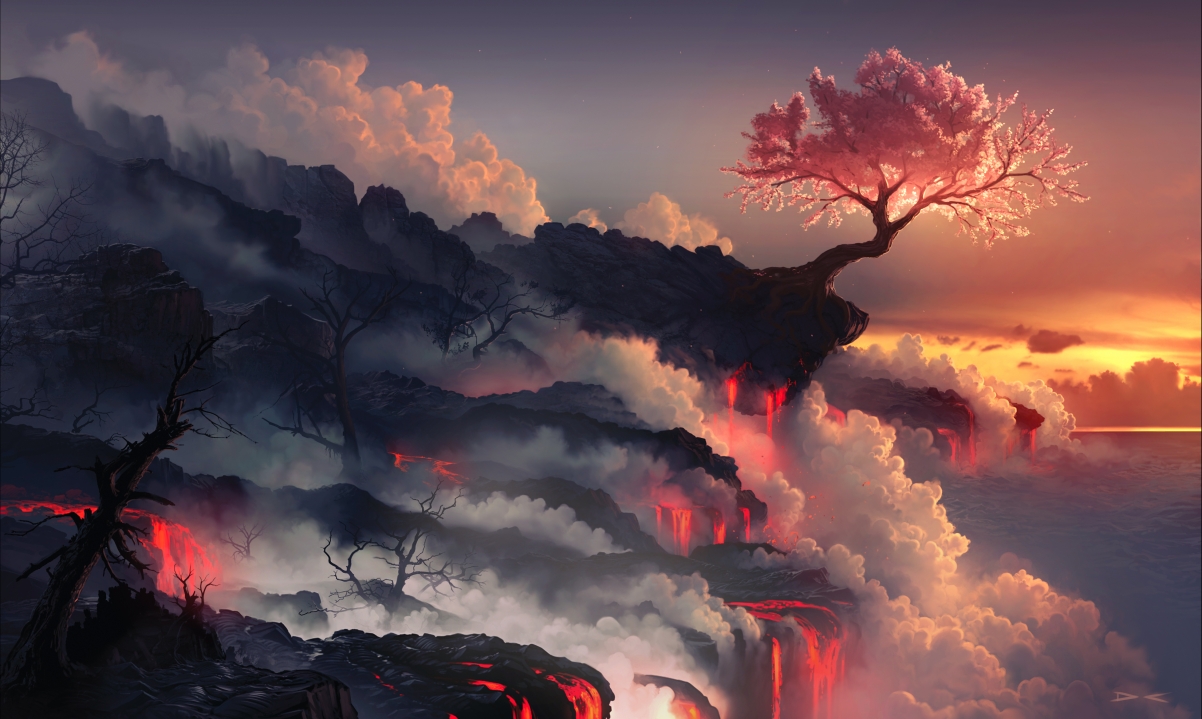 天空,云,火山,树,唯美艺术,4k风景壁纸