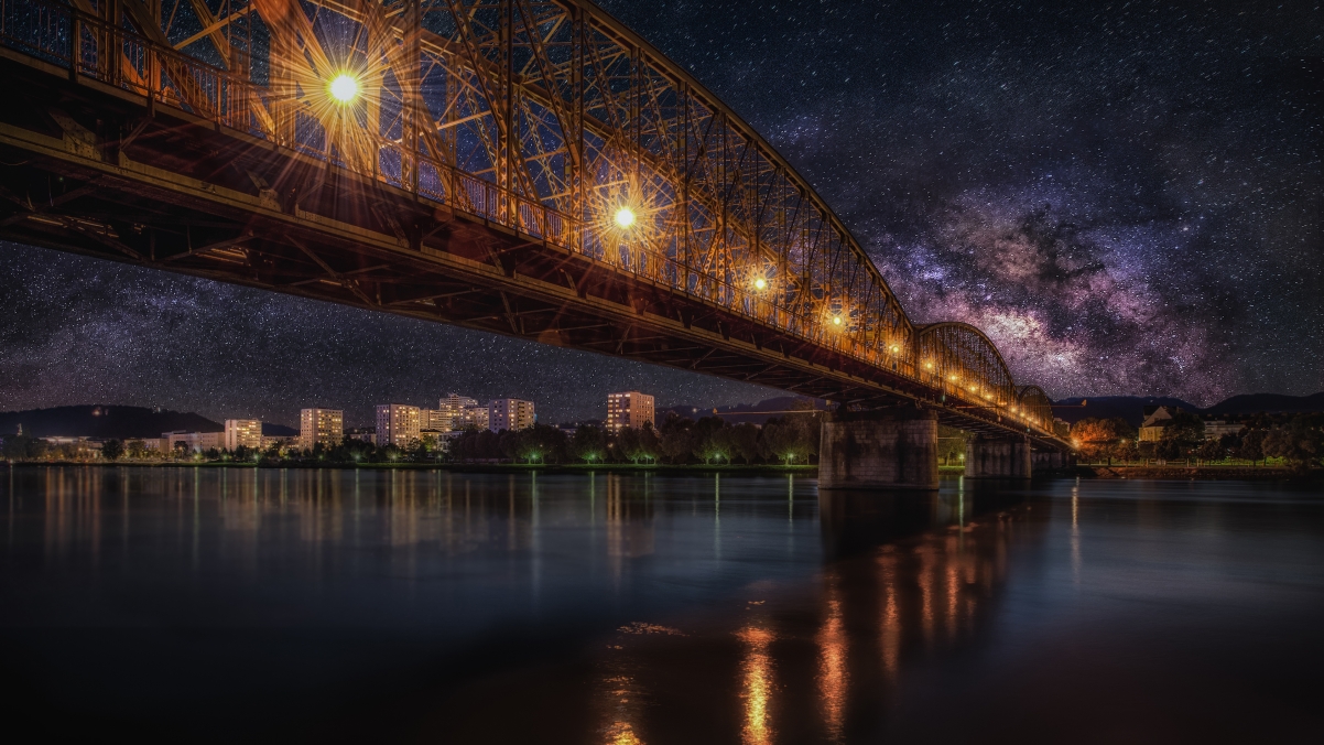 星空 桥梁 铁路 夜间风景4k壁纸