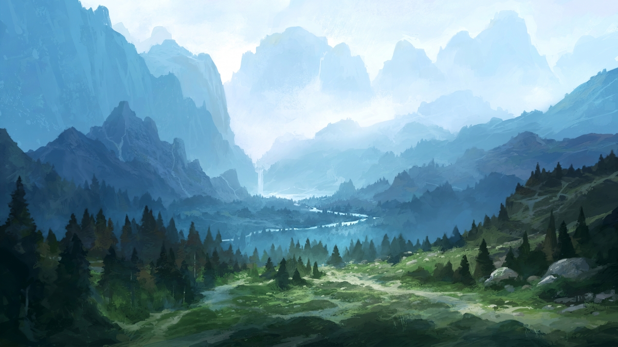 山 瀑布 小路 风景绘画4k高清壁纸3840x2160