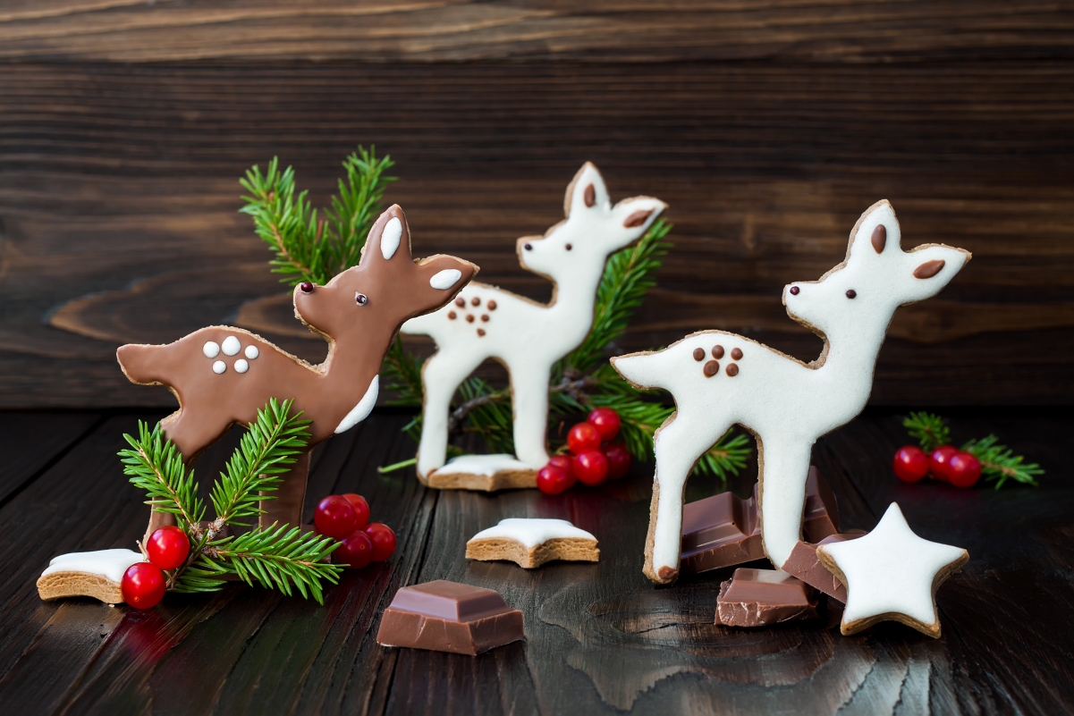 圣诞节,鹿,圣诞树,巧克力饼干,4k背景图片