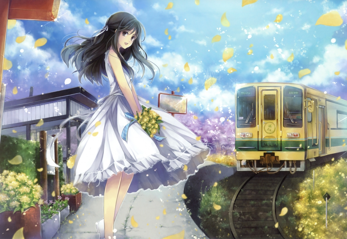 快乐女孩,长发,连衣裙,鲜花,微笑,火车,4K动漫壁纸