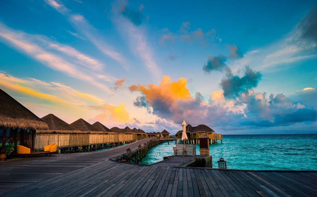 天空,海,平房,马尔代夫风景6K壁纸