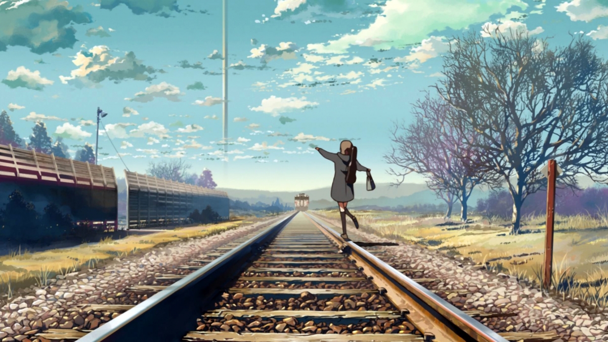 铁路上的小女生动漫风景4k壁纸
