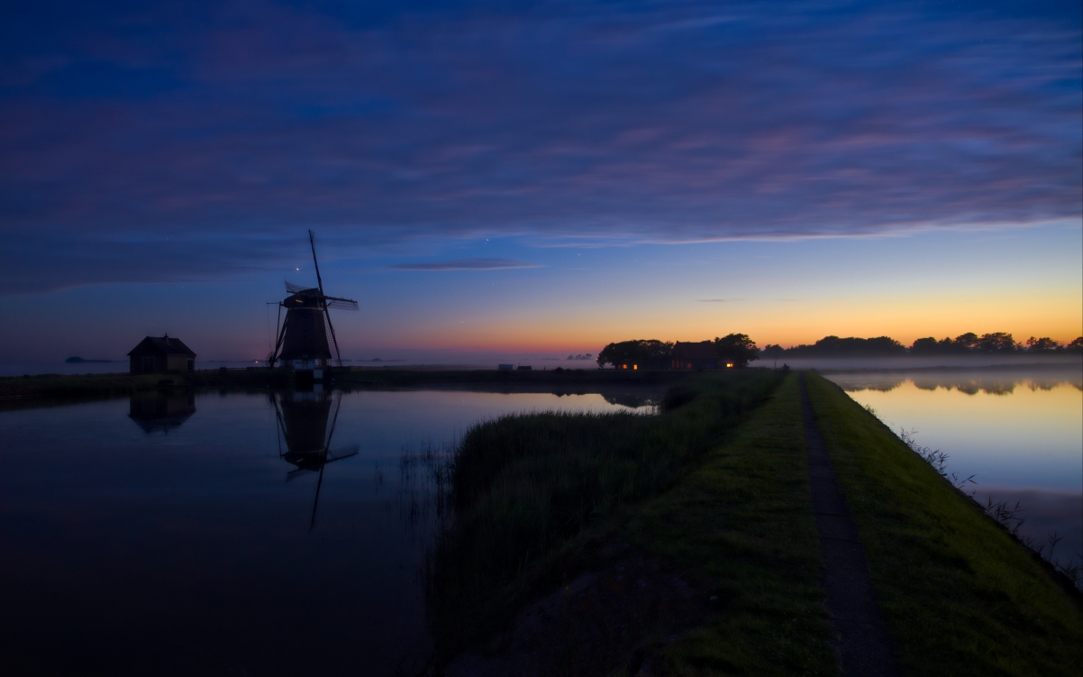 池塘 风车 特克塞尔 荷兰 夜 夏季 5K风景图片