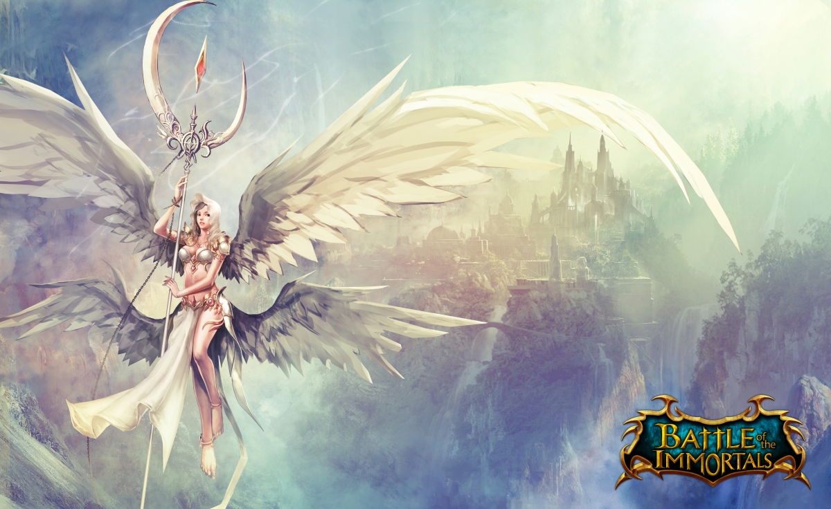 battle of the immortals，女孩，山，城市，魔术，天使，幻想，战斗，4K游戏壁纸