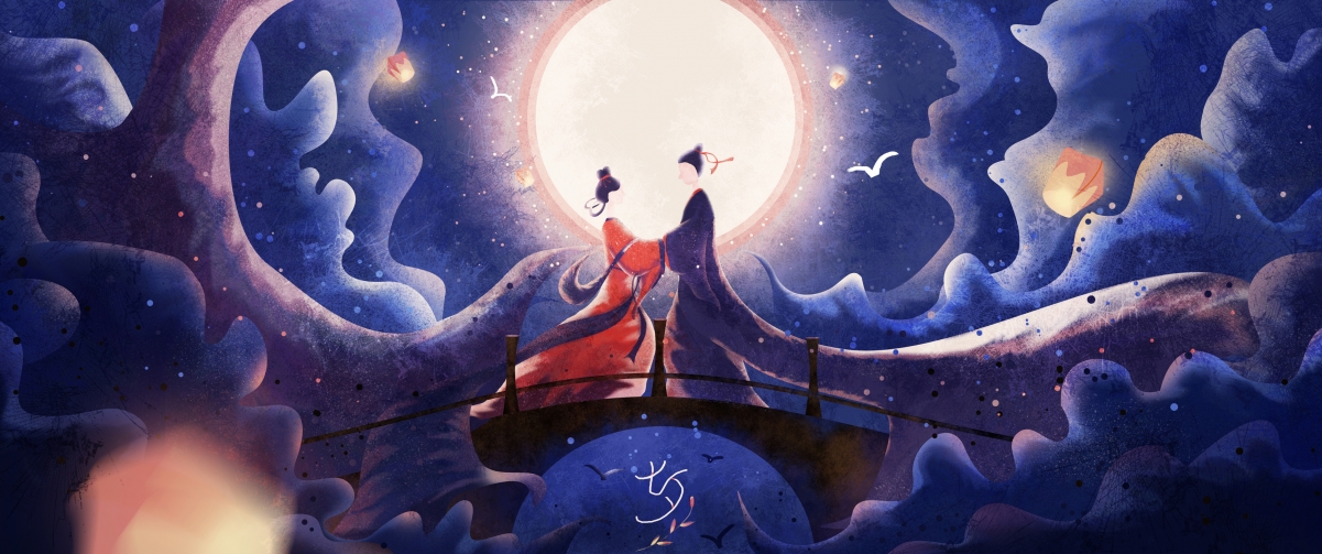 七夕浪漫手绘，牛郎织女插画，超清4K壁纸3440x1440，高清下载