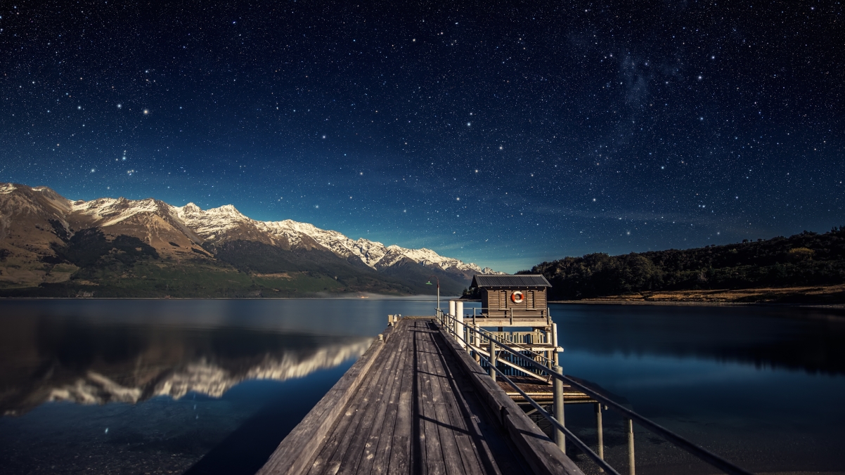 夜晚 月亮 新西兰瓦卡蒂普湖 星空 4K壁纸