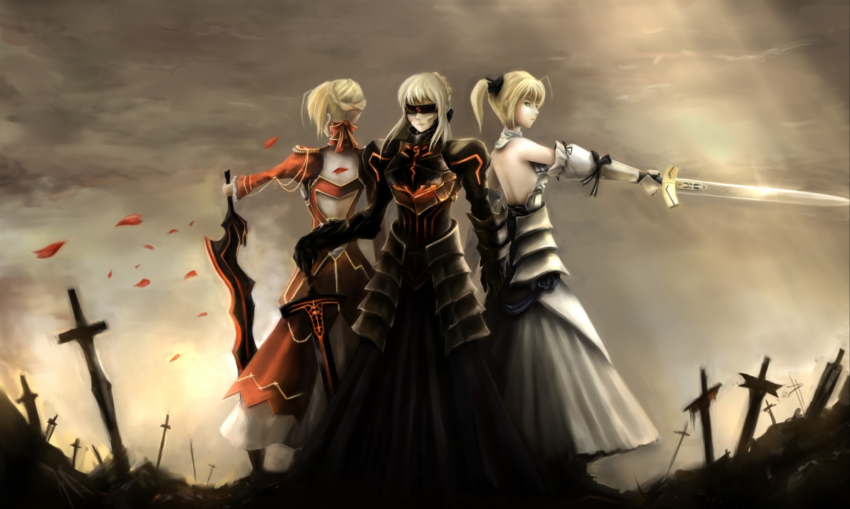 三个女孩 武器 剑 艺术 军刀 盔甲 命运之夜 saber4k壁纸