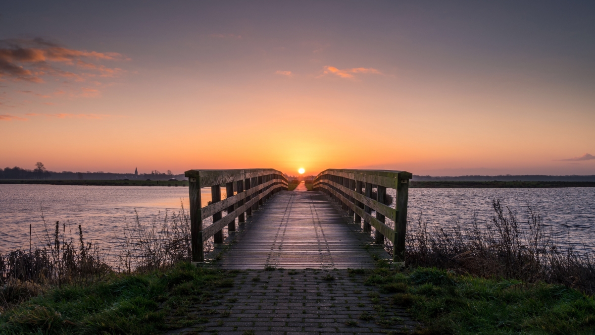 河流 地平线 桥 太阳 4k风景壁纸