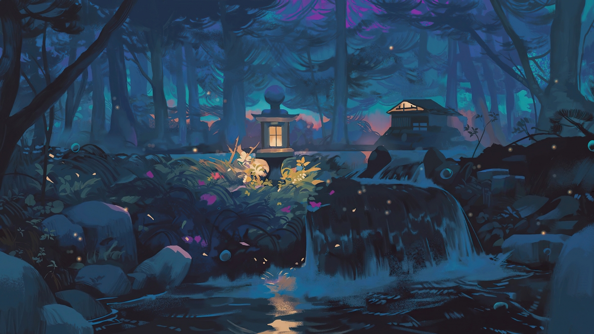 森林 夜晚 自然 树木 水 房子 瀑布 灯 抽象艺术绘画风景4k壁纸