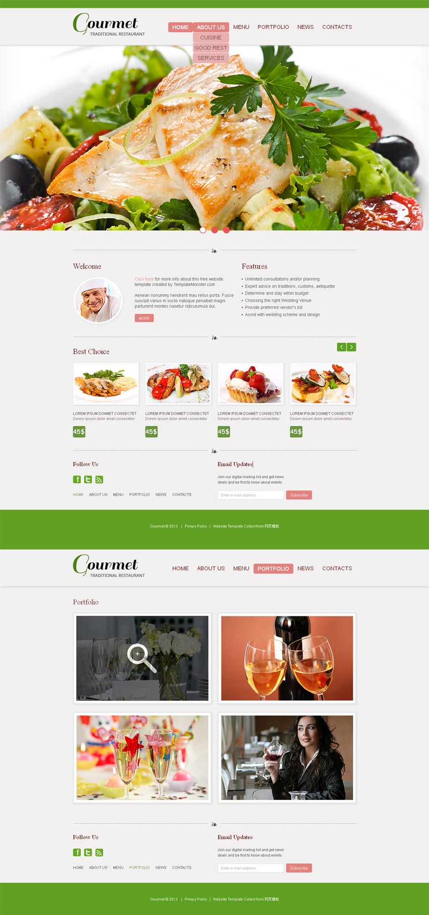 绿色的餐饮美食网站模板html整站下载