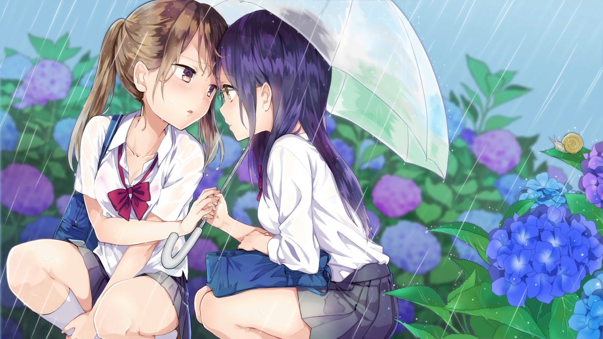 雨天 雨伞 两个可爱女学生4K动漫壁纸