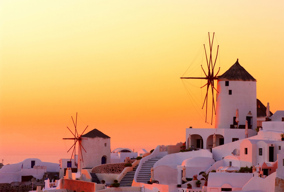 希腊 风车 圣托里尼岛4K风景壁纸