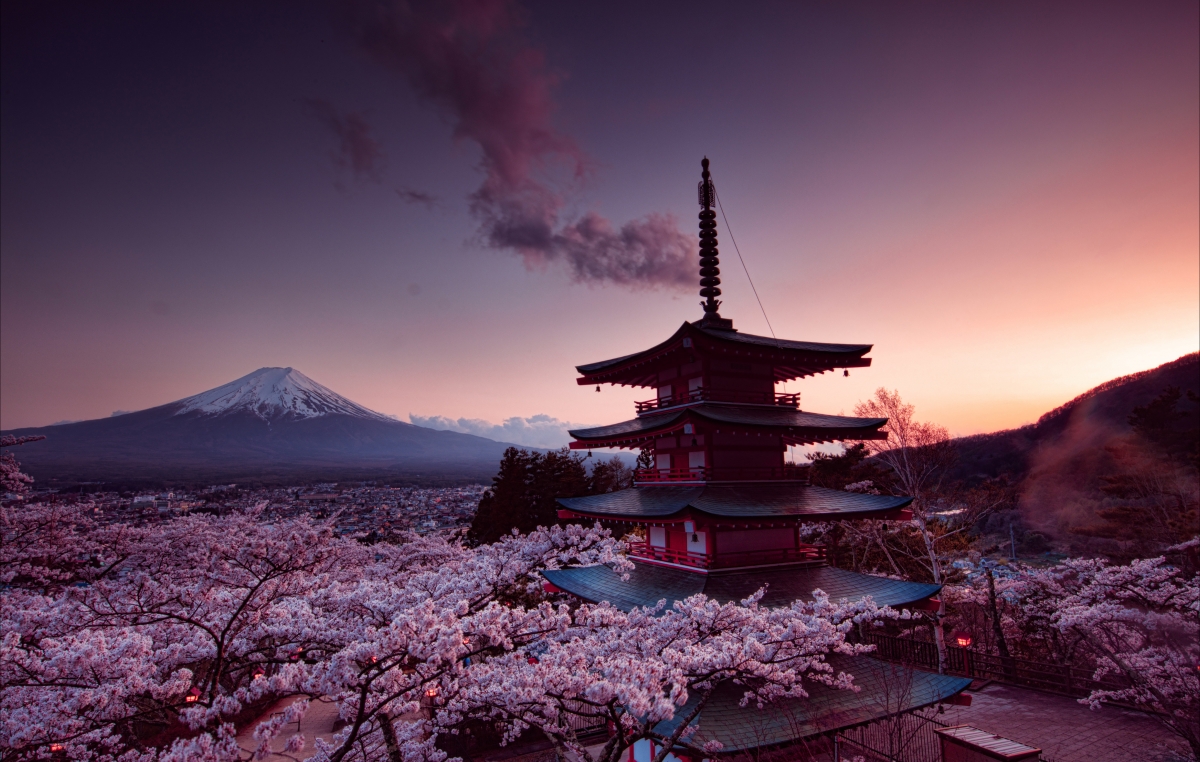 富士山,塔,樱花日本4K风景图片
