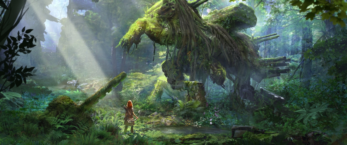 《地平线:黎明时分(Horizon: Zero Dawn)》绿色森林游戏风景3440x1440壁纸