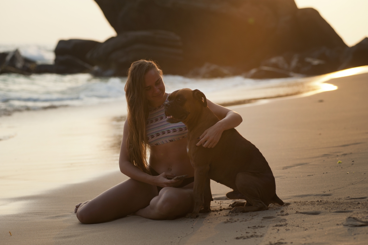 海滩美女和狗4K风景图片